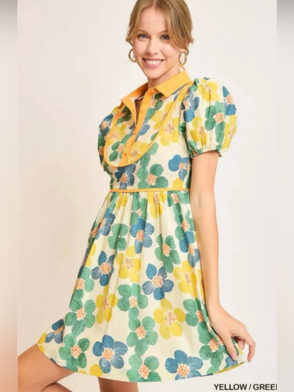 Umgee Yellow Floral Puff-Sleeve Dress